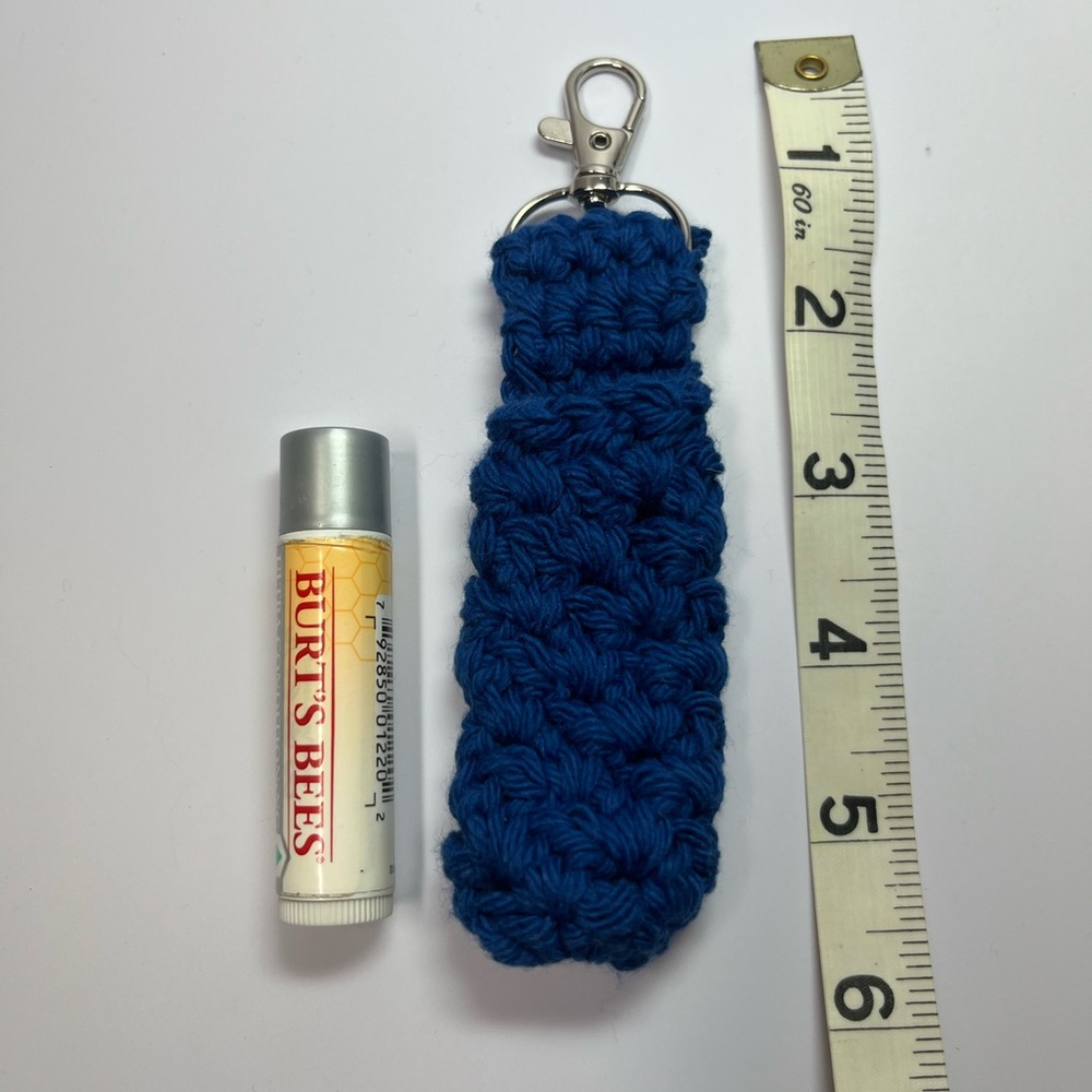 Handmade Crochet Lip Gloss Holder Keychain Approx 5-1/2” long Dark Blue